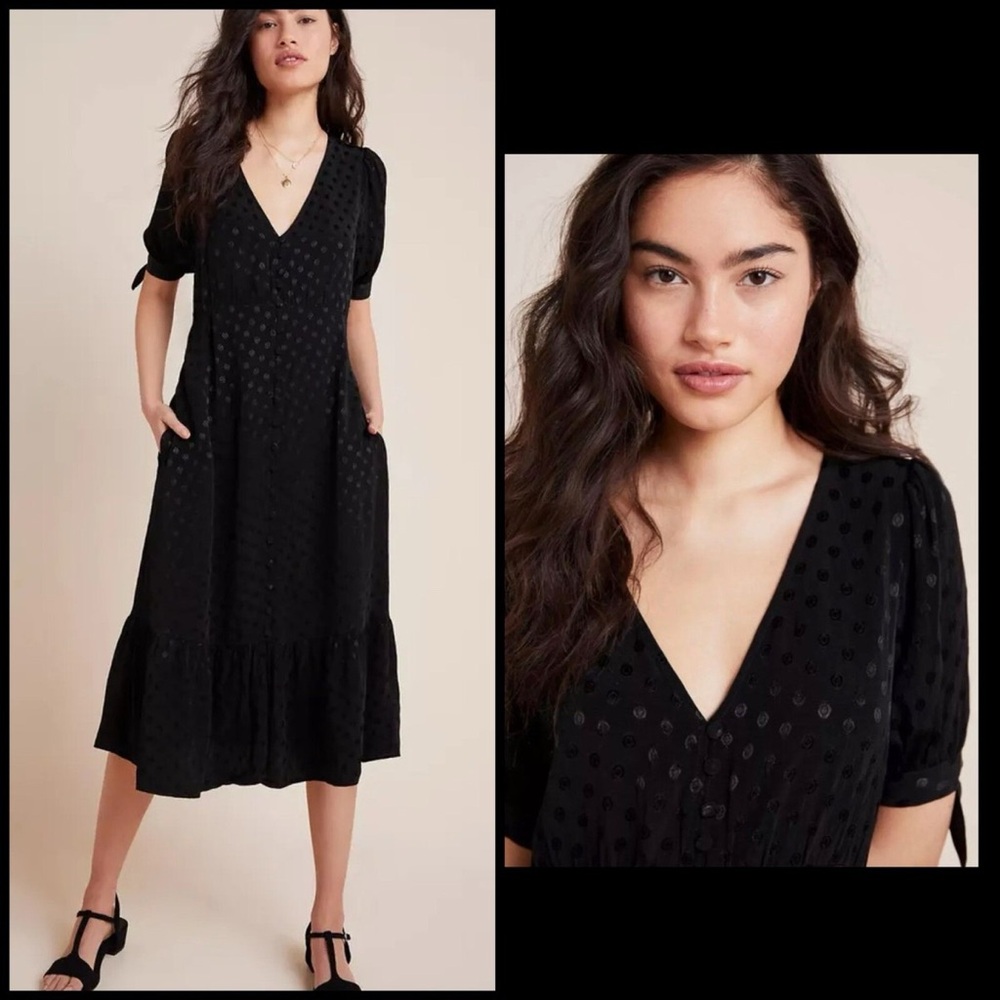 NWT! Anthropologie Black Polka Dot Midi Dress
